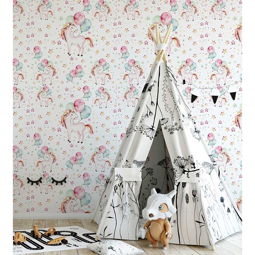 Papel de parede com unicórnios em clima de festa em cores de rosa claro e azul aquarela em Oferta na Shopee
