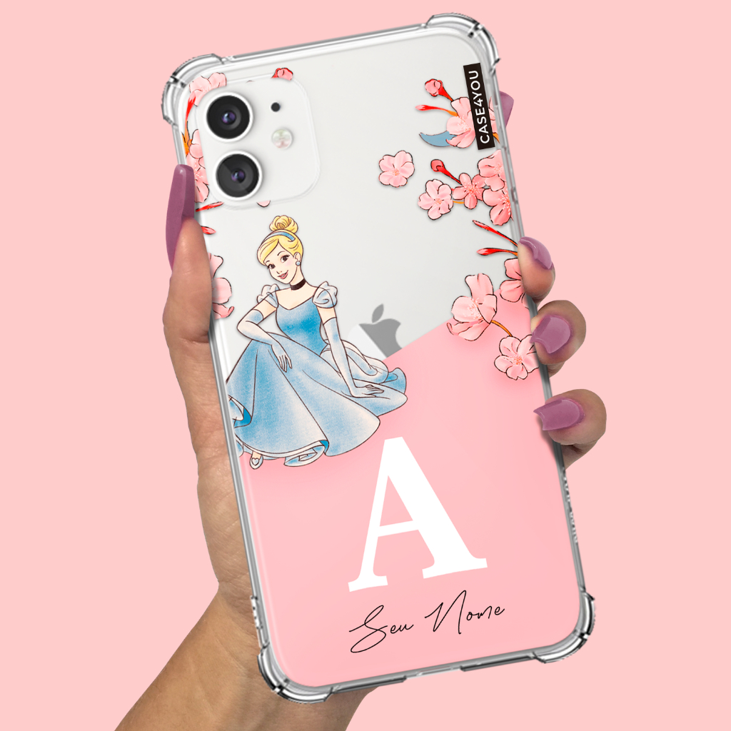 Capa Capinha de celular Personalizada Anti-impacto com nome Cinderela Floral