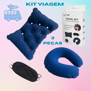 Kit De Viagem c/ Travesseiro Almofada De Pescoço Inflável E Máscara De Dormir