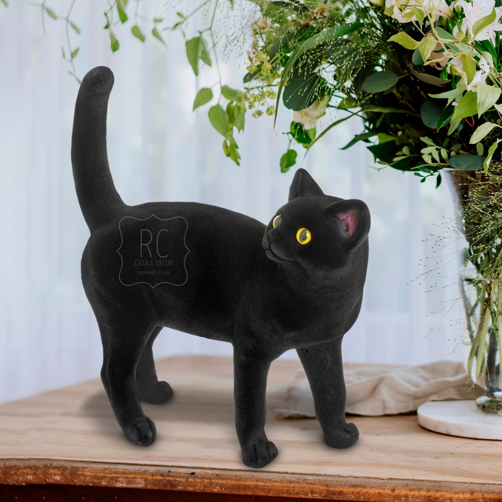 Gato Preto de Gesso em Pé Realista Elegância e Sofisticação na Sua Decoração!