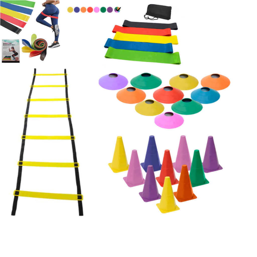 Kit Funcional Treino Agilidade 10 Cones 10 Chapeus Chines Escada 7 Degraus 1 Kit 5 Faixas Mini Bands
