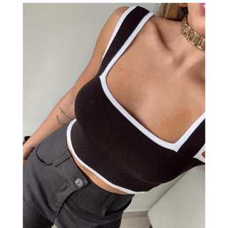Cropped tricô Modal Bicolor Regata Alça Blusinha Duas Cores Lançamento Moda Verão