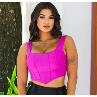 Cropped Decote Reto Feminino Ponta Bico Alça Larga Bojo Blogueirinha