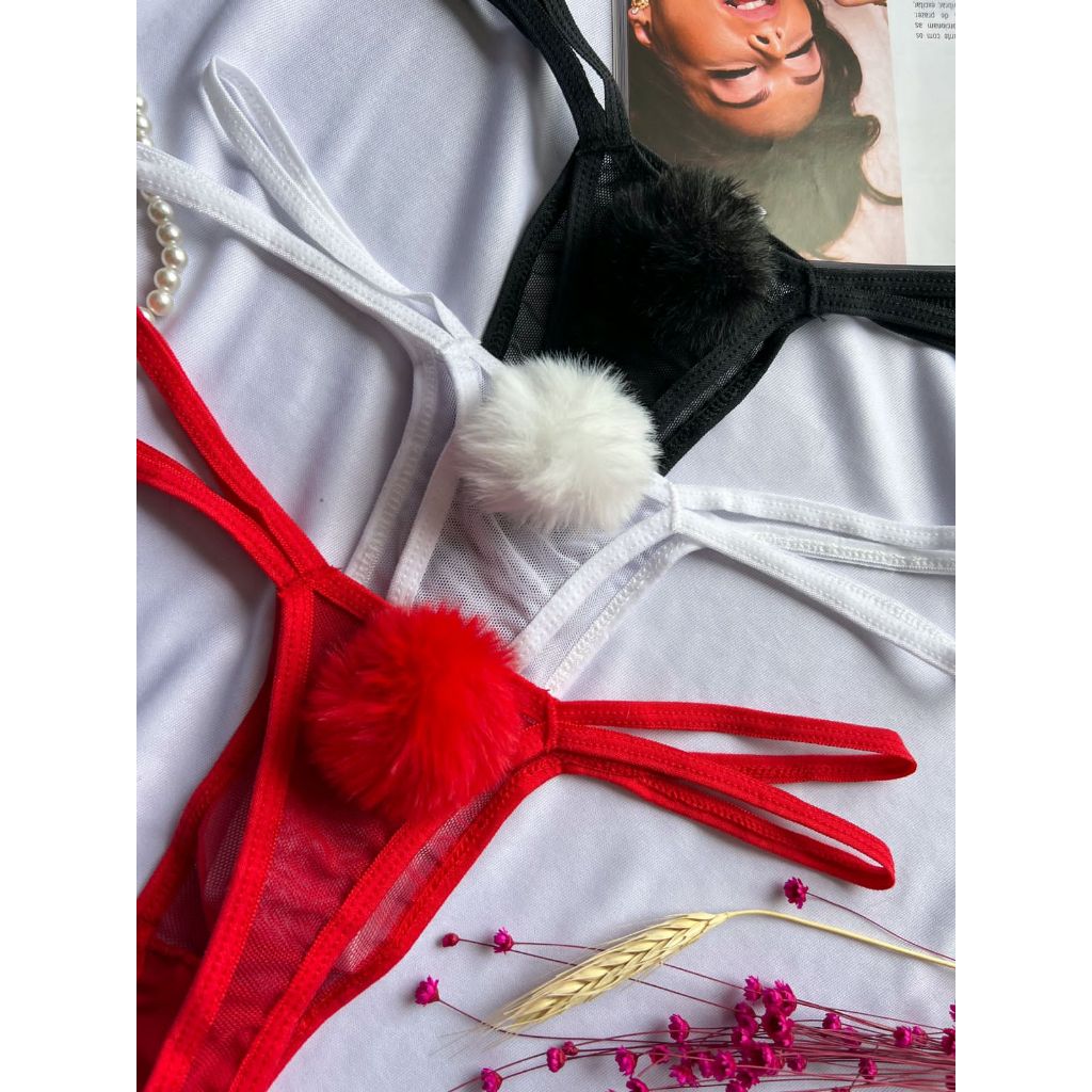 Kit c/03 Calcinhas Fio Dental Sensual de Pompom Sexy Luxo em Oferta na Shopee