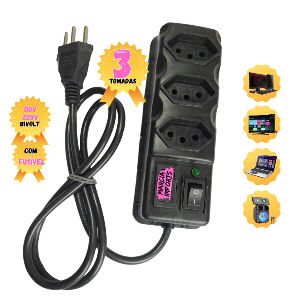 FILTRO DE LINHA RÉGUA ELÉTRICA MODELO 3 TOMADAS tripolar 10Amperes Bivolt 110-220
