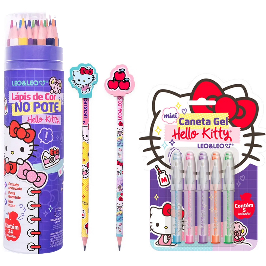 Kit Material Escolar Hello Kitty Caneta + Lapis De Cor + Lapis Com Borracha Ponta - Leo e Leo