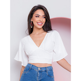 Blusa Ciganinha Cropped Feminina de Manga Curta Flare com Amarração na Costa Nua
