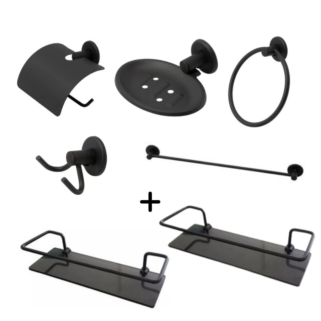KIT BANHEIRO STANDER PRETO EM ALUMINIO E DOIS PORTA SHAMPOO RETO PRETO 7 PEÇAS