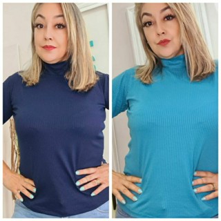 Kit 2 Peças T-SHIRT Blusa Canelada Gola Alta Manga Curta
