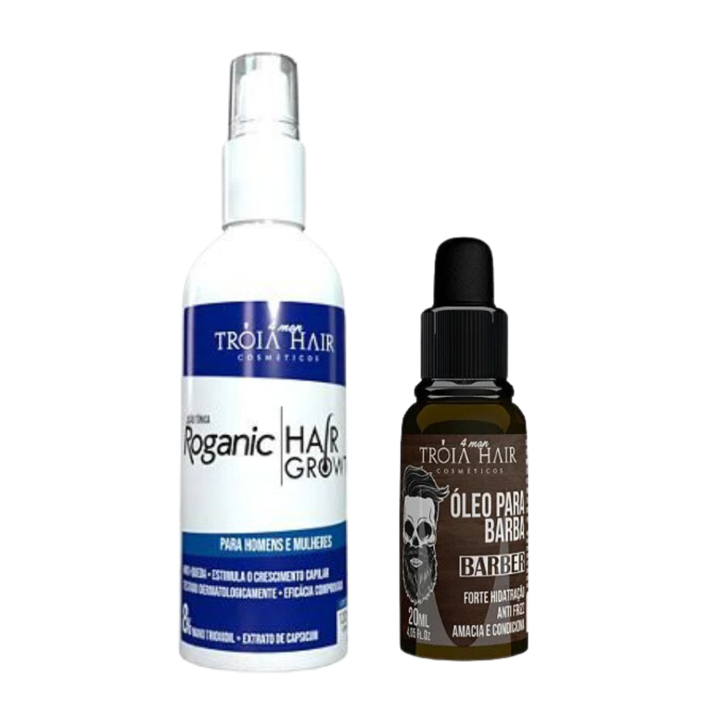 Tônico de crescimento para barba Roganic Hair Growth 120ml e Óleo de barba 20ml Troia Hair