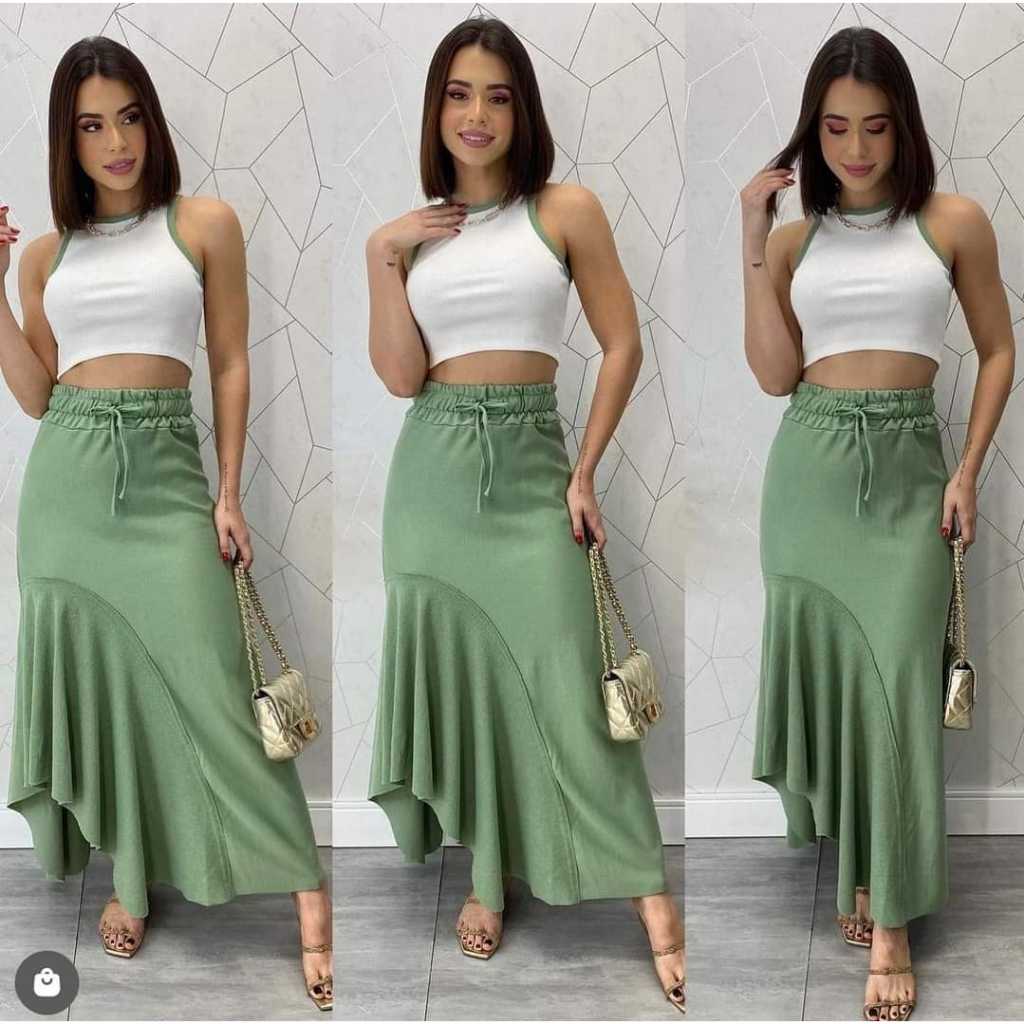 Conjunto Saia Diva mais blusinha modelo cropped em ribana lindo e super elegante super fashion.