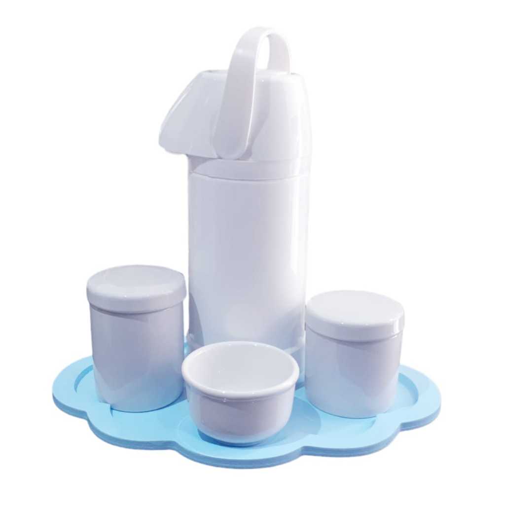 Kit Higiene Bebê porcelana potes com tampa garrafa térmica 1 litro pressão apertar menino maternidade bandeja nuvem azul