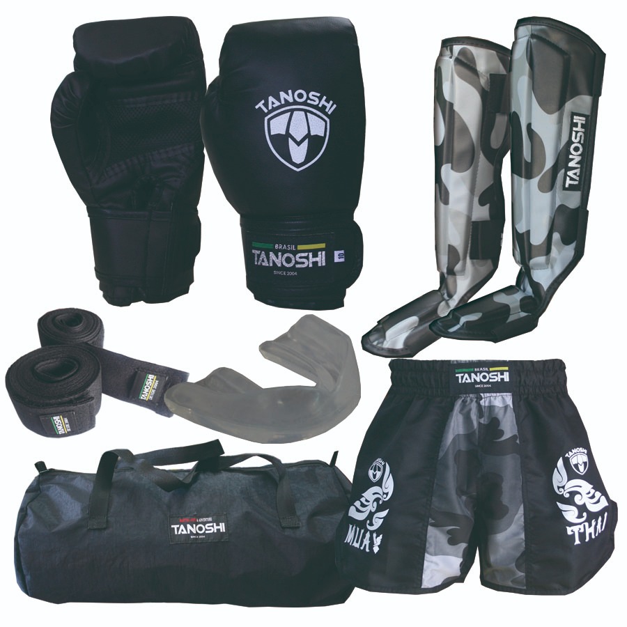 Kit completo Camuflado MuayThai com luva boxe, caneleira, shorts Kan, bucal, bandagem e bolsa xsp