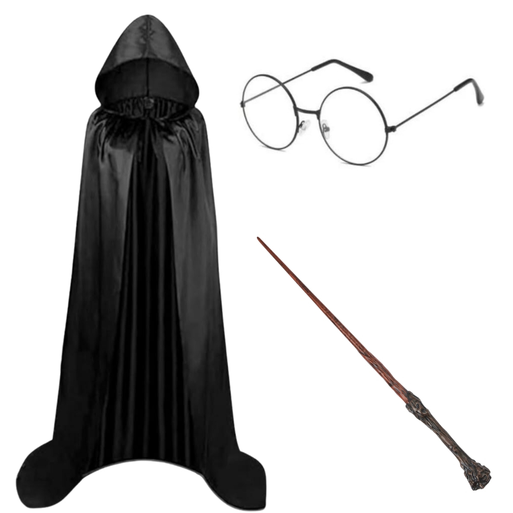 Kit Fantasia Bruxo Adulto Halloween Capa Varinha E Oculos