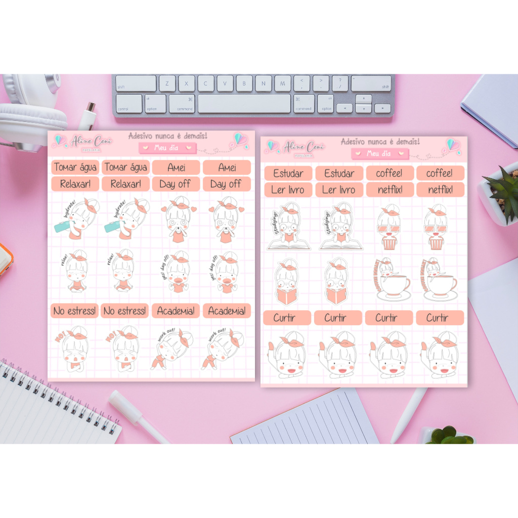 Cartela de adesivo para organização de rotina, planejamento em planner e decoração de bulletjournal - Coleção Meu dia