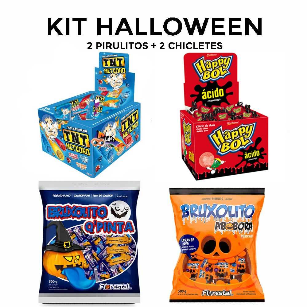 Kit Halloween Dia das Bruxas 1 Pirulito Abóbora e 1 Bruxolito, 1 Cabeça Abóbora e 1 Atomic Acid
