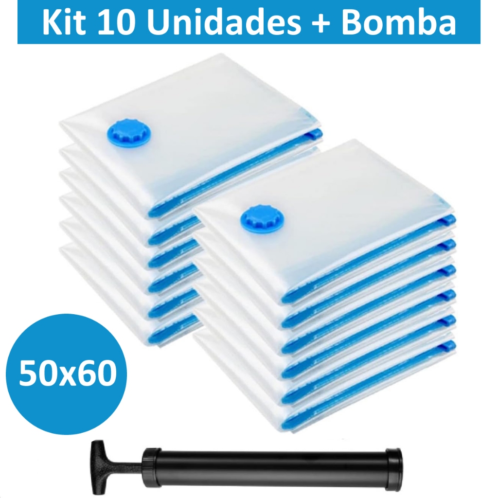 Kit 10 Sacos a Vácuo Hermético 50x60cm Edredom Toalhas Roupas + Bomba