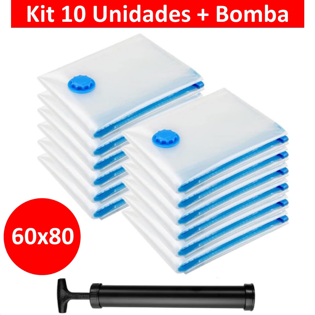 Kit 10 Sacos a Vácuo Hermético 60x80cm Edredom Toalhas Roupas + Bomba