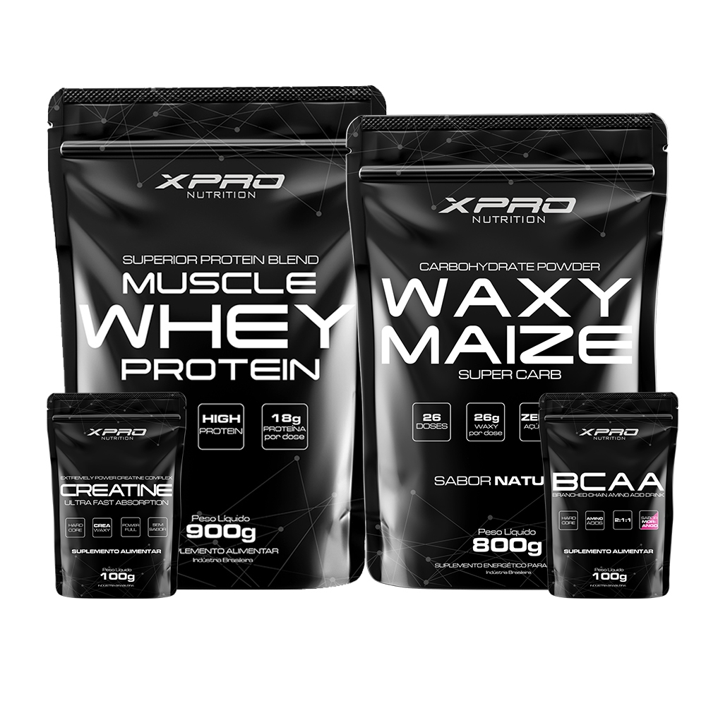 Kit Whey Protein Muscle Whey 900g + Creatina 100g + BCAA 100g + Waxy Maize 800g - XPro Nutrition