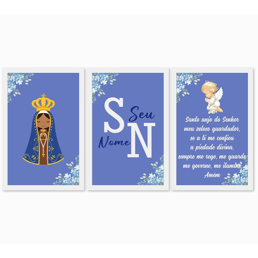QUADRO DECORATIVO INFANTIL MENINO NOSSA SENHORA APARECIDA ORAÇÃO ANJO DA GUARDA PERSONALIZADO COM SEU NOME
