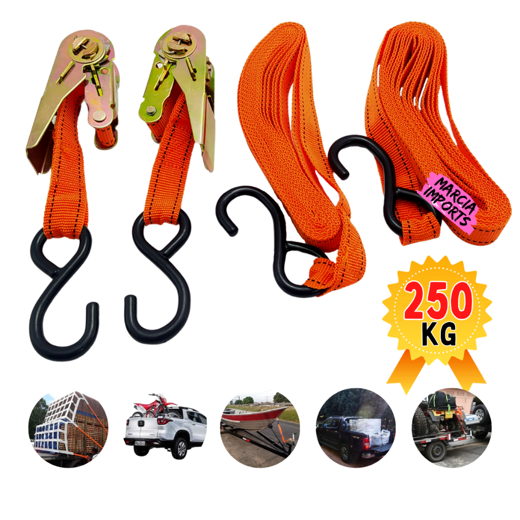 cinta catracas para carga de 250kg kit duas unidades capacidade total conjunto 500kg carga pesadas ganchos Disponivel