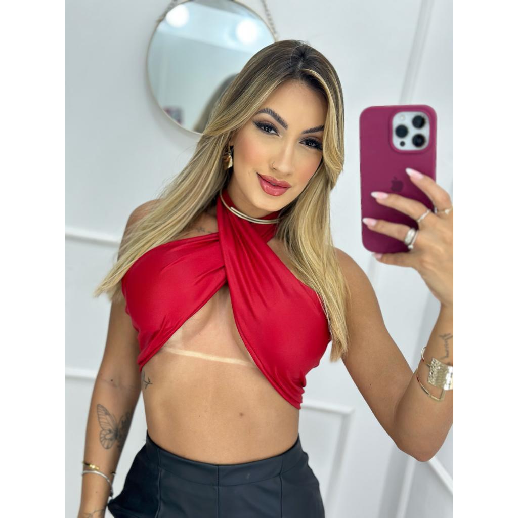 Top Cropped Transpassado com bojo Em Cirre Com Amarração no Pescoço Multiformas Moda Blogueira Verão Festas em Oferta na Shopee