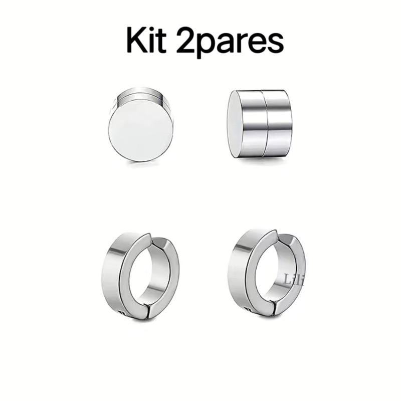 Kit Brinco Pressão de Argola + Brinco ima magnética Prata Para Masculinos