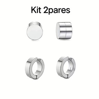 Kit Brinco pressão de argola + Brinco ima magnética Prata para masculinos