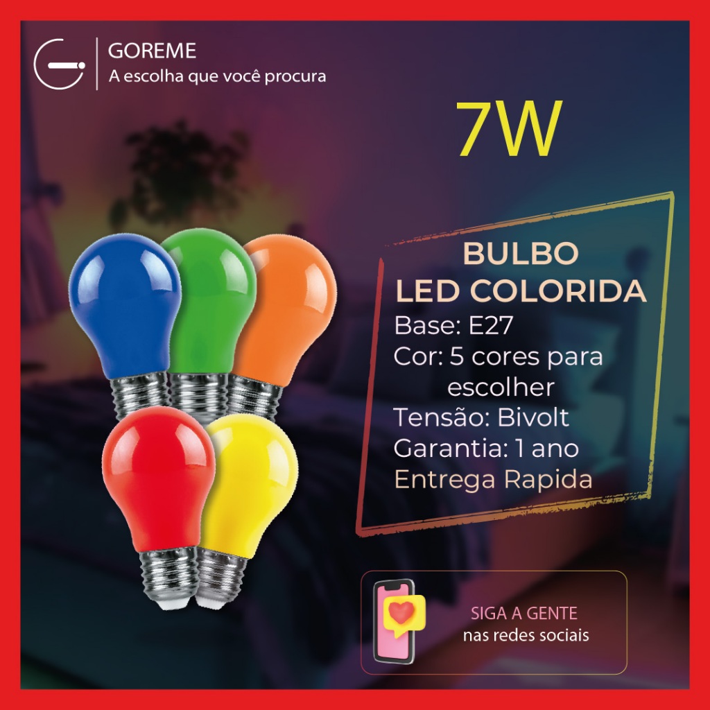 Lâmpada Bulbo Colorida Led 7w Decorativa A60 Luz Colorida Vermelho | Laranja | Verde | Amarelo | Azul Bivolt E27 - Home & Living