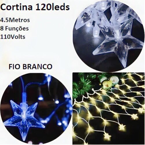 Cascata Cortina 127V 4.5M 120 Leds 8Funções Rede Com Estrela Na Ponta Pisca Pisca Fio Branco