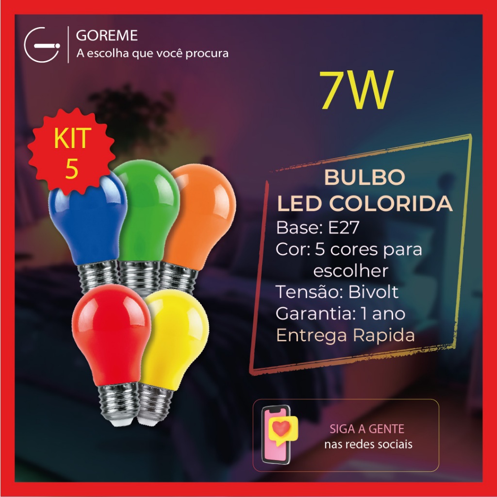 Kit 5 Lâmpada Bulbo Led 7w Decorativa A60 Luz Colorida Vermelho | Laranja | Verde | Amarelo | Azul Bivolt E27