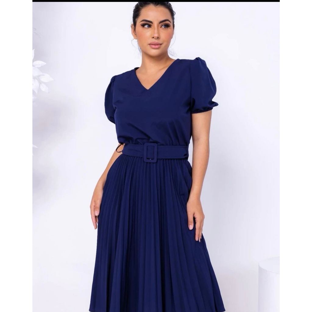 Vestido Plissada Azul Marinho Midi Rodado Moda Evangelic Com Cinto -01