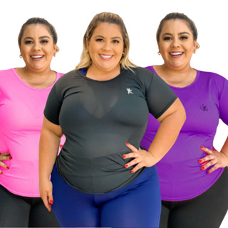 Kit 3 Blusa Feminina Plus Size com Manga Academia Fitness