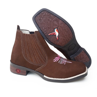 Bota Feminina de couro Botina Country texana Bico quadrado Cano curto