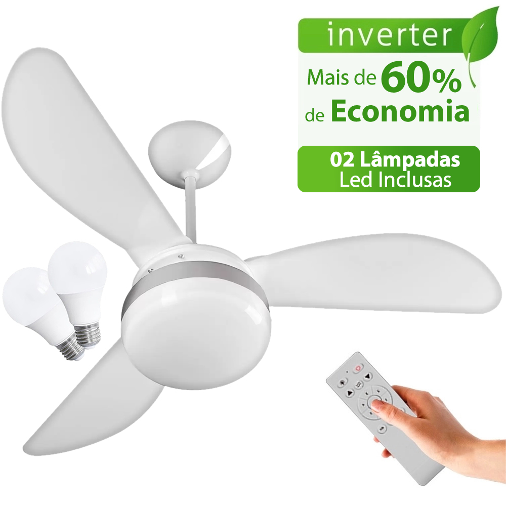 Ventilador de Teto Ventisol Fênix Branco / Silver Inverter Controle Remoto, 02 Lâmpadas Led Inclusas - Bivolt - Home Appliances