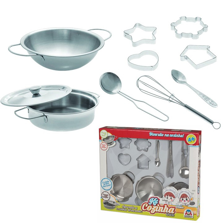 Kit  Cozinha Infantil Confeitaria em Inox Com Panelinhas e Utensílios