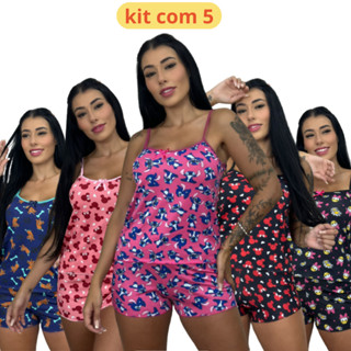 kit 5 Pijama Baby Doll Estampado com Short Roupa de Dormir