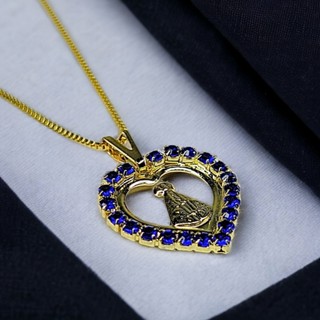 Corrente Nossa Senhora Aparecida Folheada Strass Azul Cordão Religioso