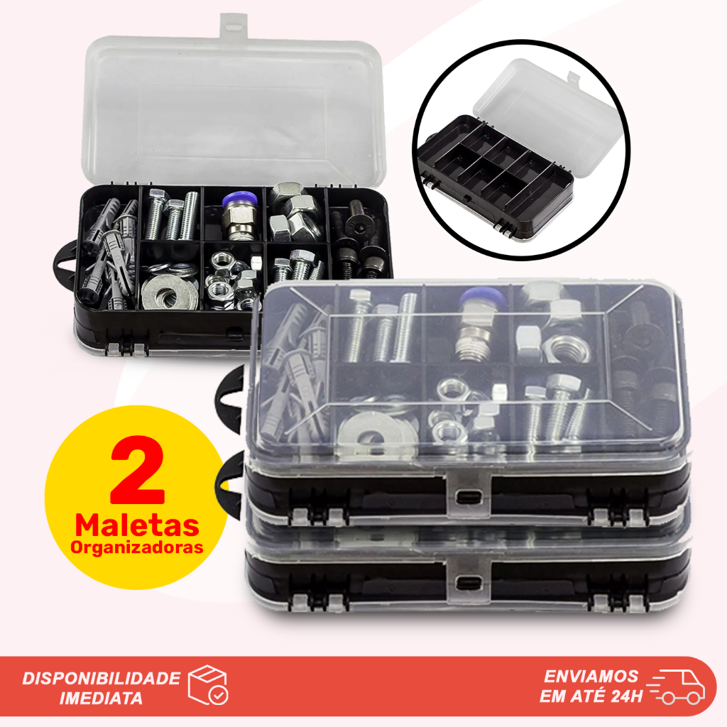 Kit 02 Mini Maleta Organizadora Estojo Caixa Dupla Para Ferramentas Parafusos Pregos Buchas Pesca Anzois Iscas Costura Agulhas Linhas Botões Alfinetes Arqplast