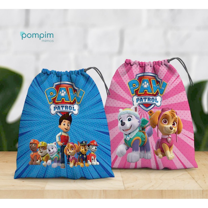 Kit Lembrancinha Sacolinha Surpresa Patrulha Canina de tecido personalizado, para festas e aniversários.
