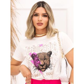 Blusa Feminina Baby Look T-shirt Camiseta Estampada Moda Blogueiras Onça Leopardo