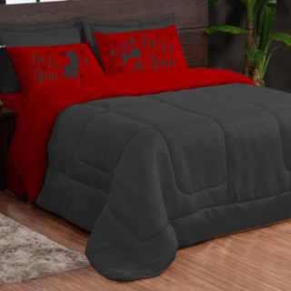 KIT EDREDOM CASAL QUEEN DUPLA FACE 05 PEÇAS ESTAMPADO ( EU TE AMO ) PROMOÇÃO - PRETO COM VERMELHO
