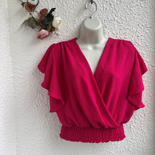 blusa babado na manga e elatex cintura cherme verão em Oferta na Shopee