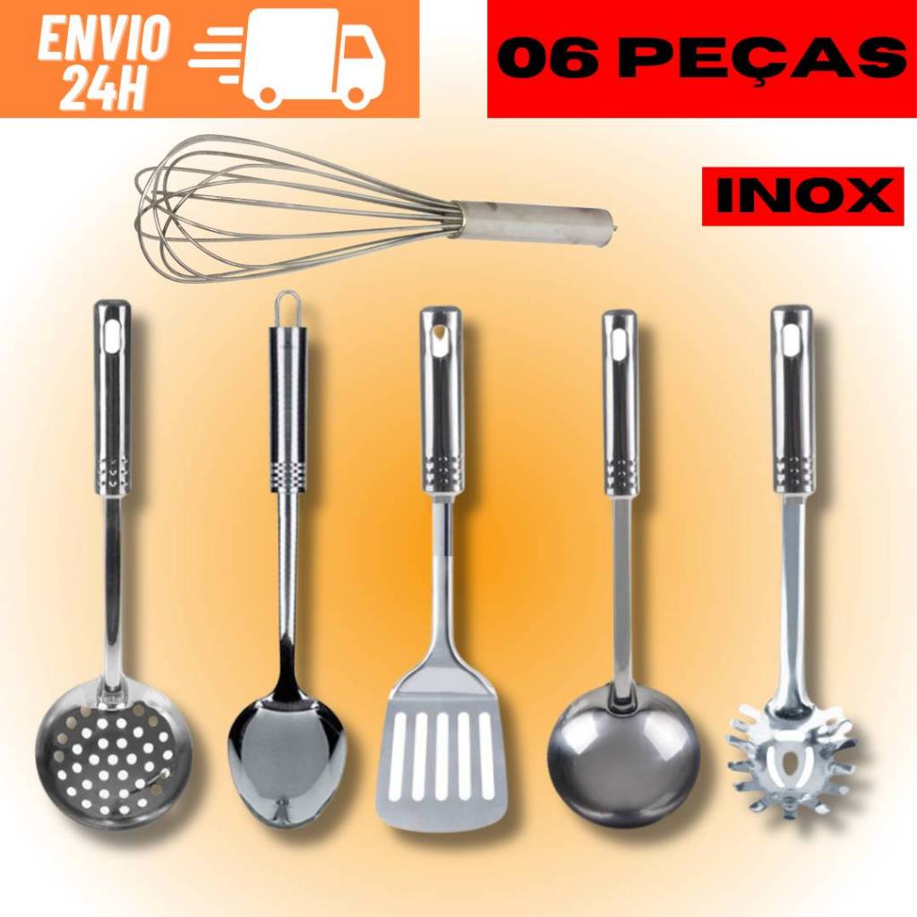 Kit 6 Utensílios De Cozinha 100% Inox Escumadeira Colher De Servir Concha Pegador De Macarrão Espátula Fue Jogo De Kit Utensílios de Cozinha 6 Peças 100% Aço Inox