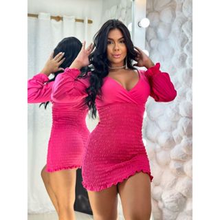 Vestido Curto detalhe em lastex, com Manga Longa