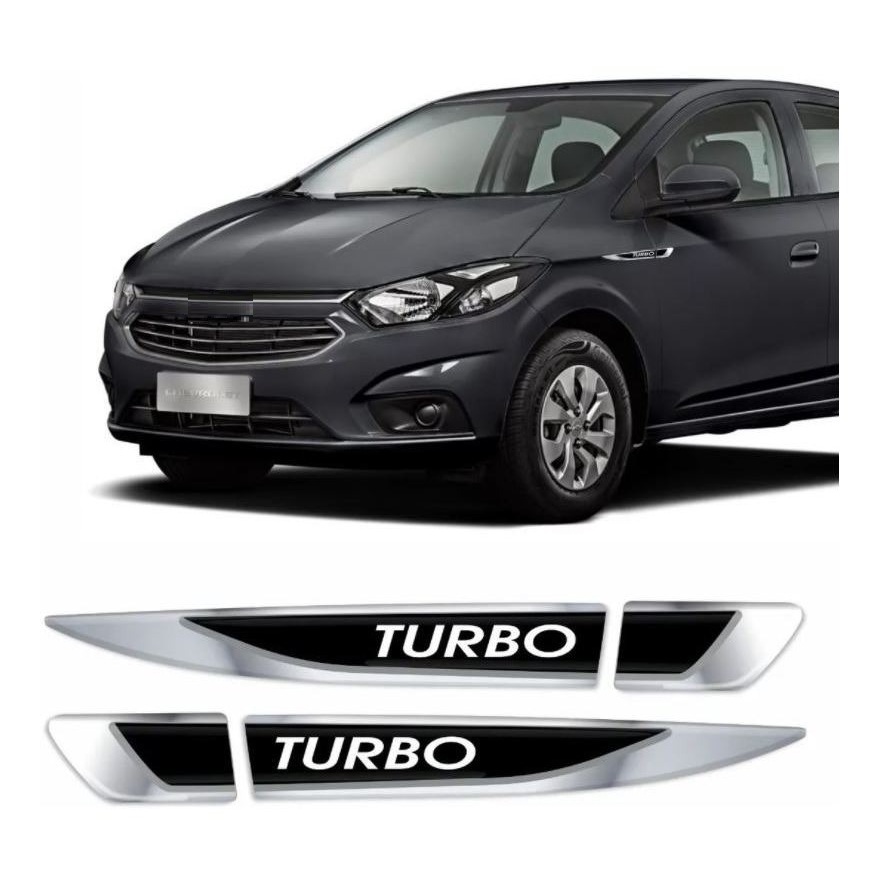Par Emblema Aplique Lateral Resinado TURBO Onix Prisma Up Tcross Tracker Polo Onix Plus Hb20 - Cromado com Preto