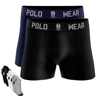Kit 2 Cuecas Boxer Polo Wear Masculina Adulto + 6 Meias
