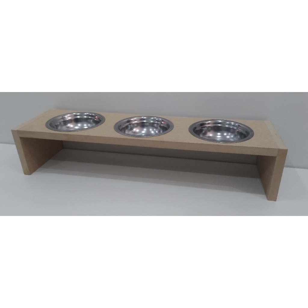 Comedouro 3 potes para gatos em mdf cru e potes de aluminio