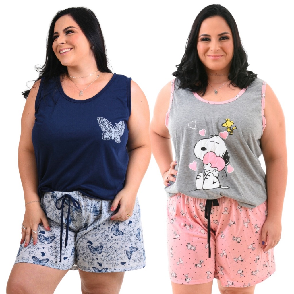 Kit 2 Pijamas Plus Size Feminino Curto Camiseta Regata Malha Atacado Promoção em Oferta na Shopee