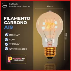 Lâmpada Filamento Carbono A19 40W E27 LUZ QUENTE (AMARELO) Âmbar 110V~220V